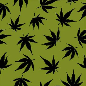Seamless pattern of black hemp on a green background. Marijuana pattern. Stock Illustration