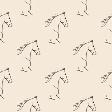 Seamless pattern with black horses, beige background. Stock Illustration