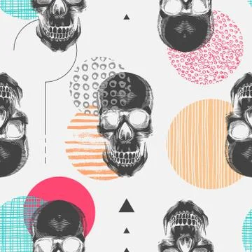 Seamless pattern with black human skulls and colorful circles of different .. Stock Illustration