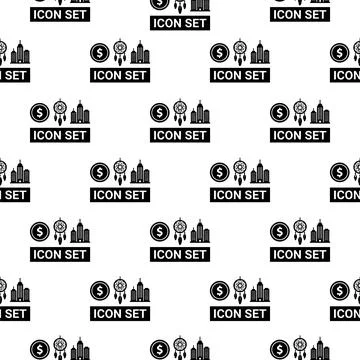 Seamless pattern with black icons of dollar coins, dreamcatchers, and city .. Stock Illustration