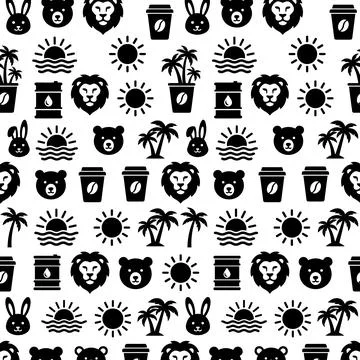Seamless pattern of black icons featuring lions, bears, rabbits, coffee cup.. Stock Illustration