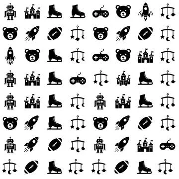 Seamless pattern of black icons featuring robots, castles, ice skates, game.. Stock Illustration