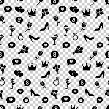 Seamless pattern with black icons of high heel shoes, roses, crowns, hearts.. Stock Illustration