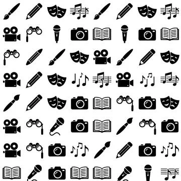 Seamless pattern of black icons representing arts and entertainment: camera.. Stock Illustration