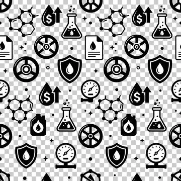 Seamless pattern of black icons representing oil industry, chemistry, and f.. Stock Illustration