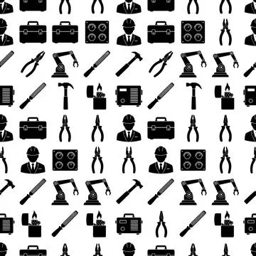 Seamless pattern of black industrial tools and construction icons including.. Stock Illustration
