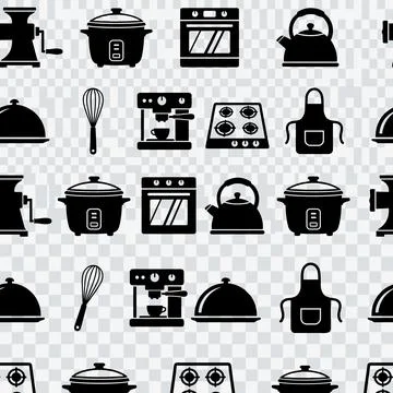Seamless pattern of black kitchen appliance icons including coffee maker, s.. Stock Illustration