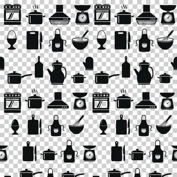 Seamless pattern of black kitchenware icons including stoves, pots, pans, a.. Stock Illustration