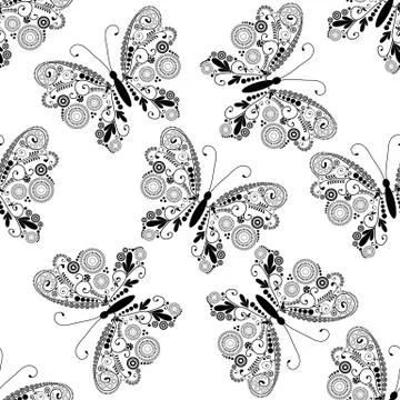 Seamless pattern with black lacy butterflies Stock Illustration