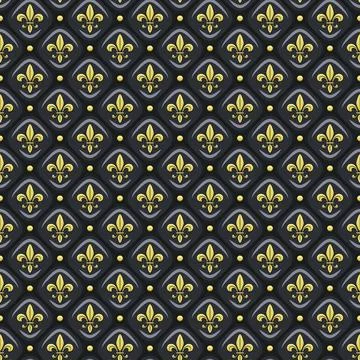 Seamless pattern with black leather upholstery, golden fleur de lis. Stock Illustration