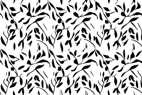 Seamless pattern with black leaves on white background. Vector illustration. Stock Illustration