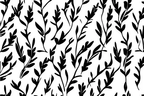 Seamless pattern with black leaves on white background. Vector illustration. Stock Illustration