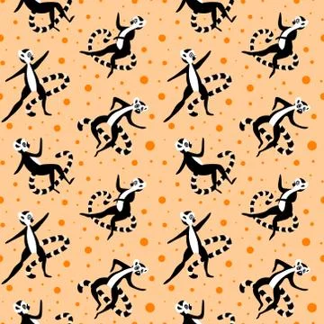 Seamless pattern with black lemurs and dots Stock Illustration