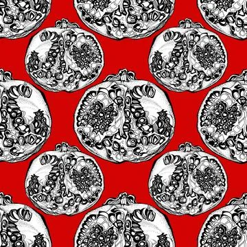Seamless pattern black line art ornate pomegranate with seeds on red background Stock Illustration
