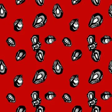 Seamless pattern black line art ornate pomegranate seeds on red background. Art Stock Illustration