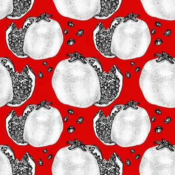 Seamless pattern black line art ornate pomegranate with seeds on red background Stock Illustration