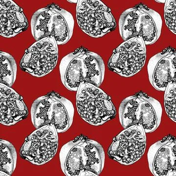 Seamless pattern black line art ornate pomegranate with seeds on red background Stock Illustration
