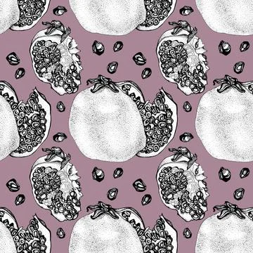 Seamless pattern black line art ornate pomegranate with seeds on purple Illustrazione stock