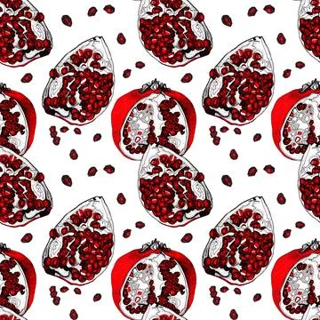 Seamless pattern black line art ornate red pomegranate with seeds on white Stock Illustration
