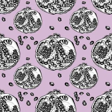 Seamless pattern black line art ornate pomegranate with seeds on purple Stock Illustration