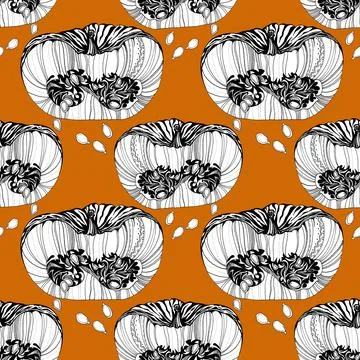 Seamless pattern black line art cut pumpkin and seeds on orange hand drawn Stock Illustration
