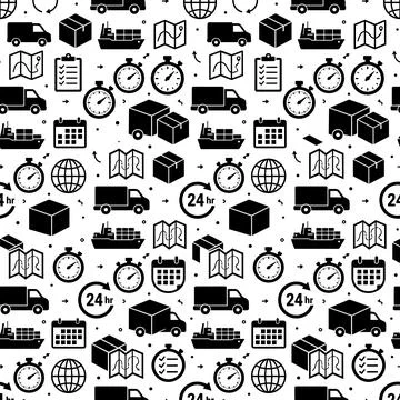 Seamless pattern of black logistics and delivery icons including trucks, sh.. Stock Illustration