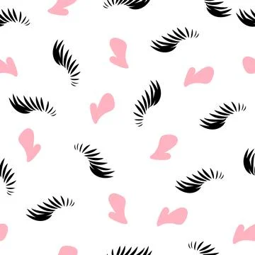 Seamless pattern black long eyelashes and pink heart shape wallpaper illustra Stock Illustration