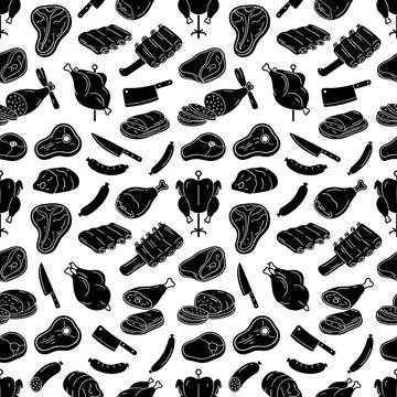 Seamless pattern of black meat cuts and poultry icons, including steaks, ri.. Stock Illustration