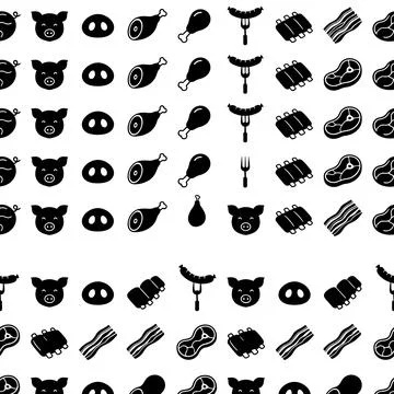 Seamless pattern of black meat icons including pig faces, sausages on forks.. Stock Illustration