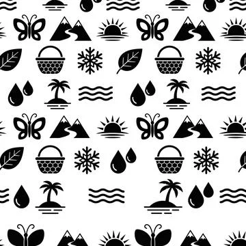 Seamless pattern of black nature icons including butterflies, mountains, su.. Stock Illustration