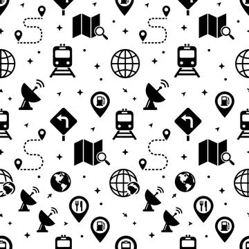 Seamless pattern of black navigation and travel icons including maps, train.. Stock Illustration