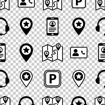 Seamless pattern of black navigation and communication icons including map .. Stock Illustration