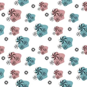 Seamless pattern black outline flowers on pink and blue blot. Vector Stock Illustration