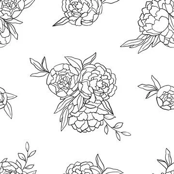 Seamless pattern with a black outline of peonies on a white background. Vector Stock Illustration