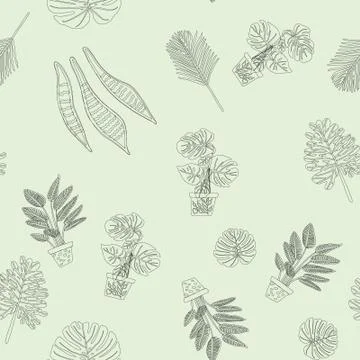 Seamless pattern with black outline tropical leaves on green background. Stock Illustration