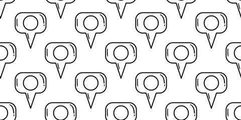 Seamless pattern of black outlined speech bubble location pins on white bac.. Stock Illustration