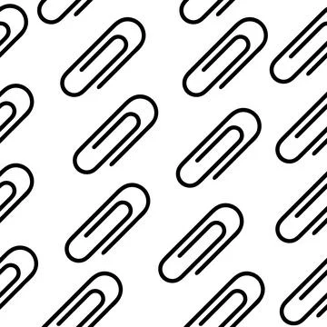 Seamless pattern of black paper clips. Vector illustration, white background. Stock Illustration
