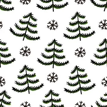 Seamless pattern with black pine trees and spruces, hand drawn on white 库存插图