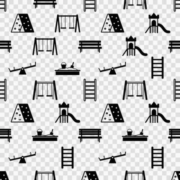 Seamless pattern of black playground equipment icons including swings, slid.. Stock Illustration