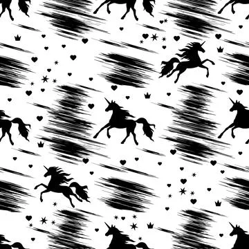 Seamless pattern with black prancing and flying unicorns on a white backgroun Stock Illustration