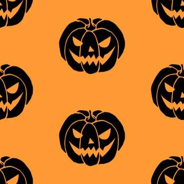 Seamless pattern with black Pumpkins isolated on orange background. Halloween Stock Illustration