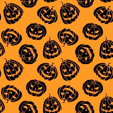 Seamless pattern with black Pumpkins isolated on orange background. Halloween Stock Illustration