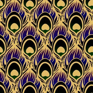 Seamless pattern black purple peacock feather with thick golden outline Stock Illustration