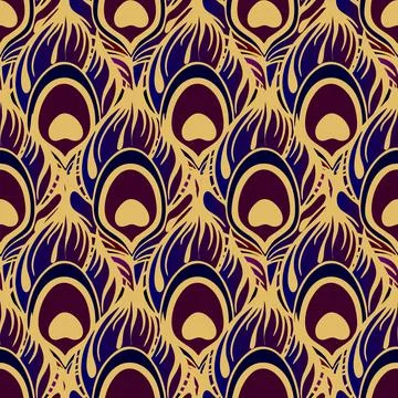 Seamless pattern black purple peacock feather with thick golden outline Illustrazione stock