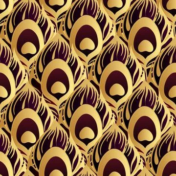 Seamless pattern black purple peacock feather with thick golden outline 스톡 일러스트