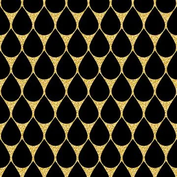 Seamless pattern with black raindrops on a gold background, sparkling rainy b Stock Illustration