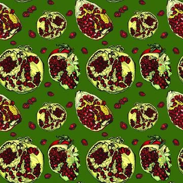 Seamless pattern black red green pomegranate with seeds. Art creative hand drawn Illustrazione stock
