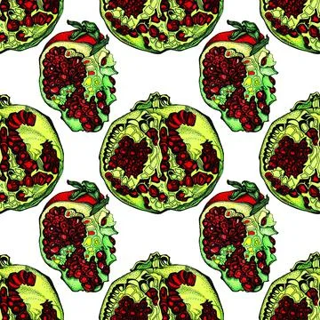 Seamless pattern black red green pomegranate with seeds on white. Art creative Stock Illustration