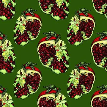 Seamless pattern black red green pomegranate with seeds. Art creative hand drawn Stock Illustration
