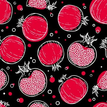Seamless pattern of Black, red, white pomegranates. Healthy vegetarian food.. Stock Illustration